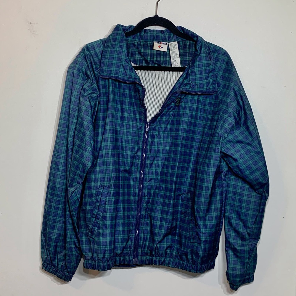 EUC Vintage Jerzees Blue and Green Plaid Nylon Zip‎ Front Jacket Size Medium